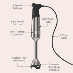 Vitamix 5-Speed Immersion Blender, Professional-Grade Hand Blender with 625-Watt Motor and Stainless-Steel Blade, Stainless Steel/White